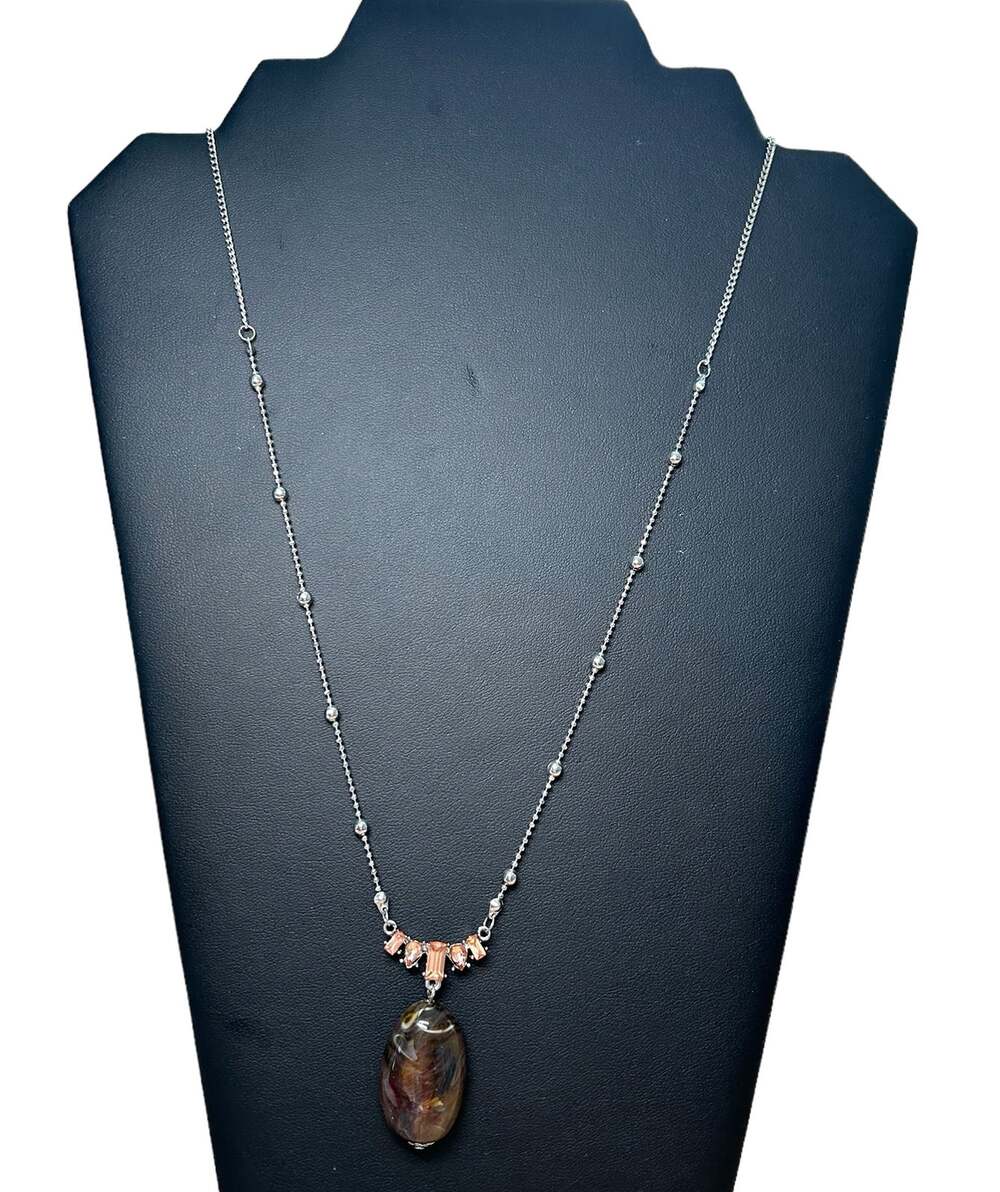 NEW Love Ashley Silver Tone Chain with Oval Brown Bead Peach Rhinestones